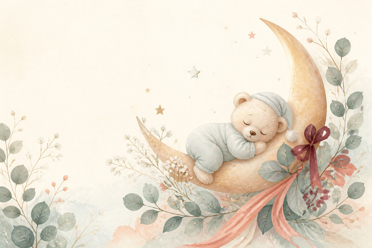 Ilustração em aquarela de um ursinho dormindo sobre a lua entre folhas e flores